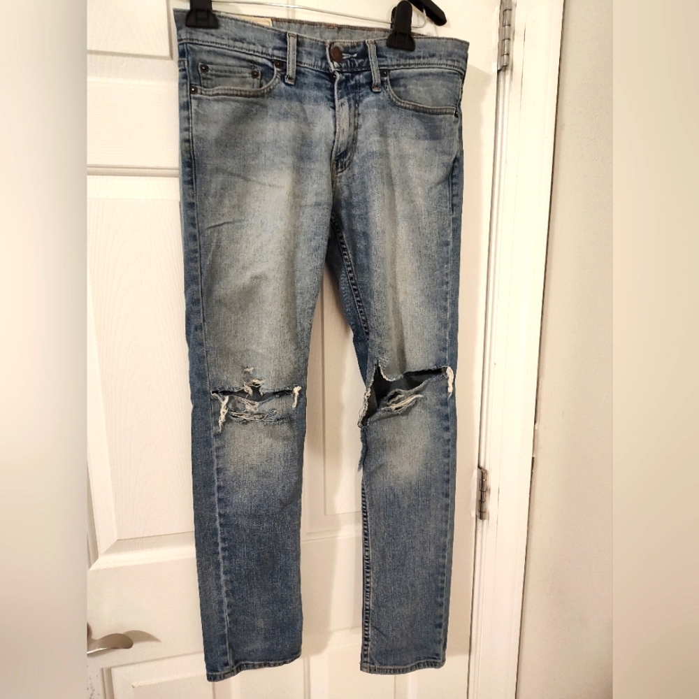 Hollister men's ripped skinny jeans, light blue, size 28x30